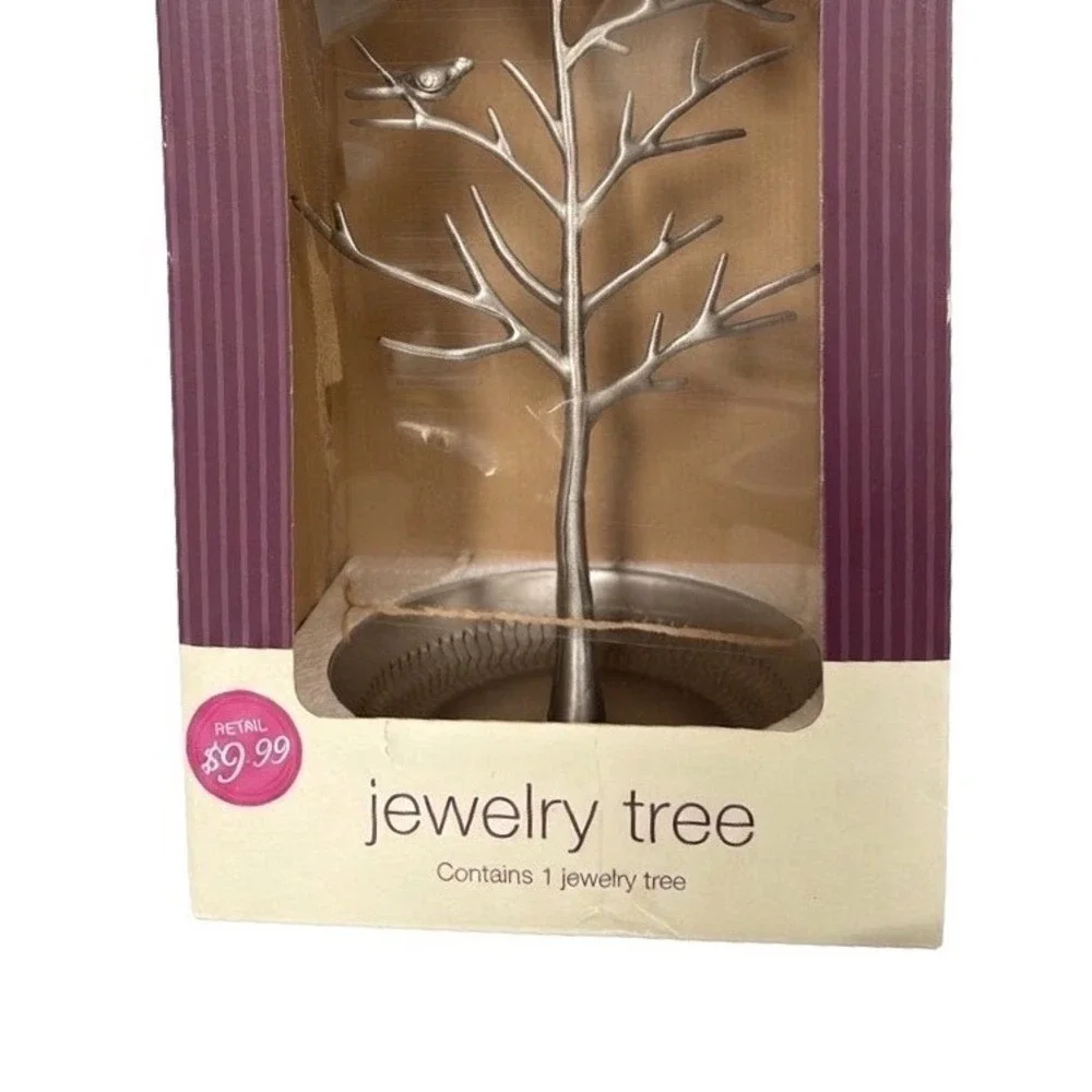 Home Elements 2014 Silver Bird Jewelry Tree Stand Metal Organizer Tray Catch-All